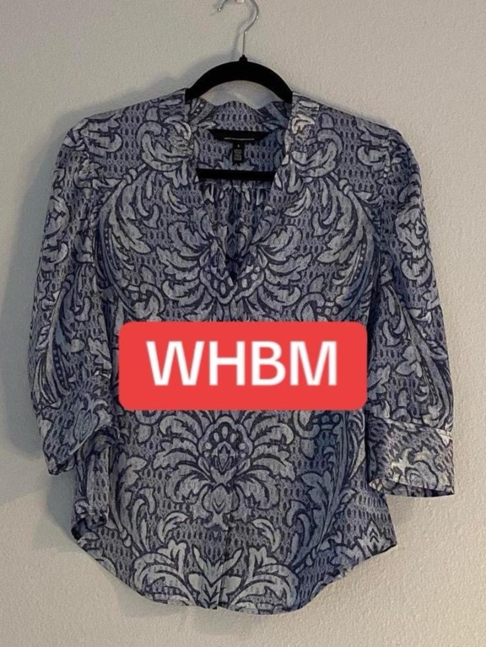 White House Black Market Navy and White Paisley V-Neck Blouse